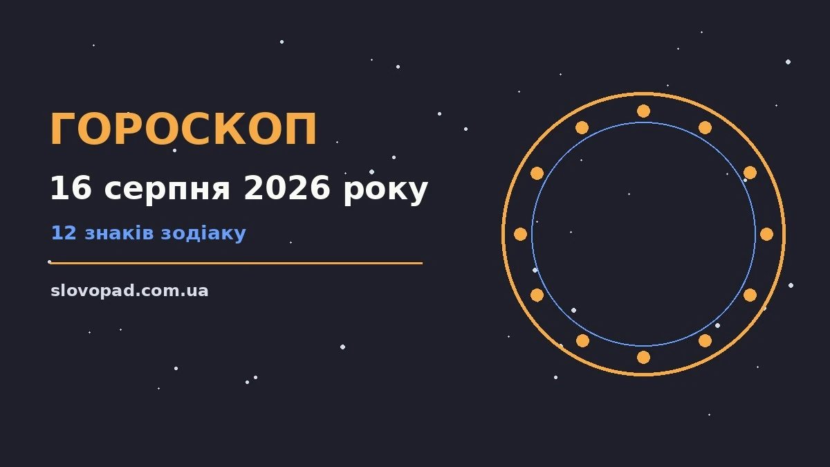 Астрологічний гороскоп на 16 серпня 2026 року, тематична ілюстрація зодіаку й ділового блокнота