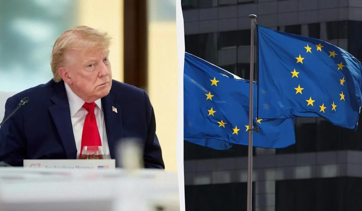 Логотип ЄС на тлі європейських лідерів та зображення Дональда Трампа і Володимира Путіна